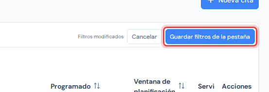El extremo derecho de la fila de pestañas con el aviso Filtros modificados y los botones Cancelar y Guardar filtros de la pestaña