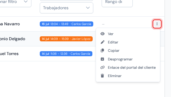 Una fila de cita con el botón de tres puntos abierto, mostrando las acciones Ver, Editar, Copiar, Desprogramar, Enlace del portal del cliente y Eliminar
