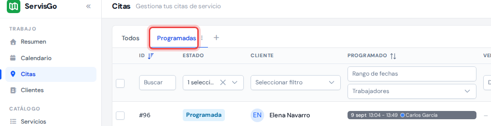 La fila de pestañas con las pestañas Todos y Programadas, la pestaña Programadas resaltada y el filtro de Estado bajo los encabezados fijado en Programada
