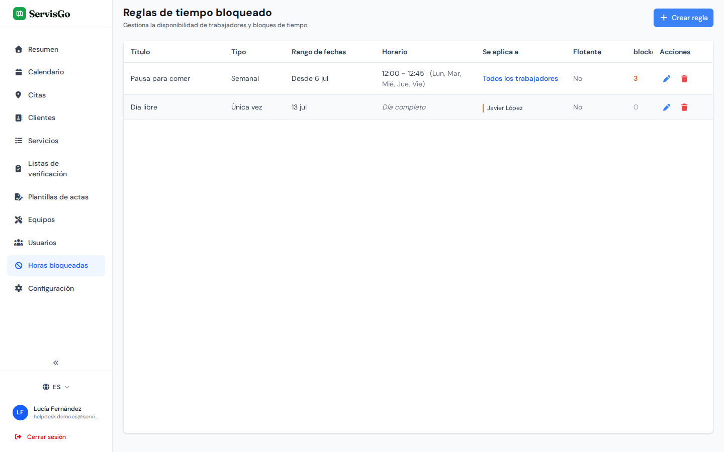 La página Reglas de tiempo bloqueado con reglas como una pausa diaria para comer y una reunión semanal de equipo