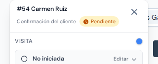 La tarjeta de una visita en el calendario mostrando el estado Confirmación del cliente