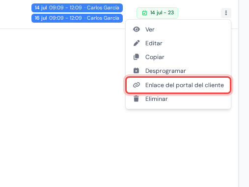 Una fila de cita con el icono de eslabón que abre la ventana Enlace del portal del cliente