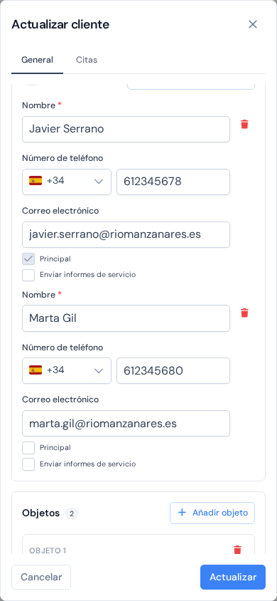 La ventana del cliente en la pantalla de un móvil: pantalla completa, una columna, objetos etiquetados Objeto 1 y Objeto 2
