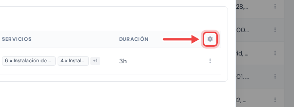 La fila de cabecera de la lista de citas en la ventana del cliente con una flecha que señala el icono de engranaje de su extremo derecho