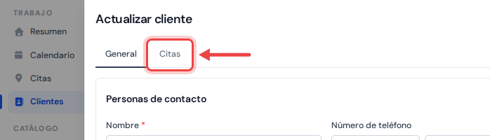 La parte superior de la ventana del cliente con una flecha que señala la pestaña Citas