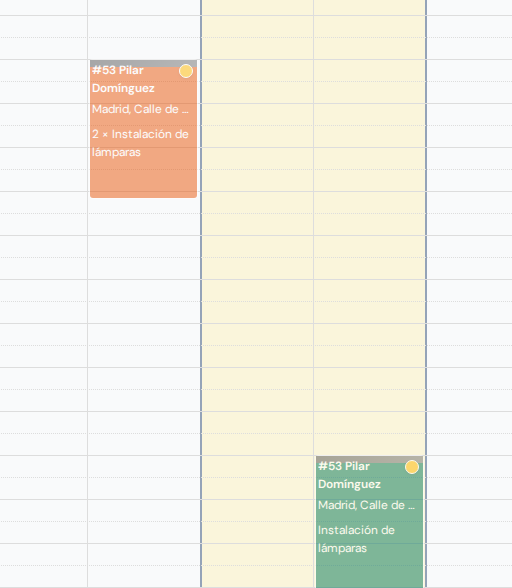 Dos visitas pasadas de una cita cerrada en el calendario, ambas atenuadas: la primera sigue naranja por incompleta y la segunda sigue verde por finalizada