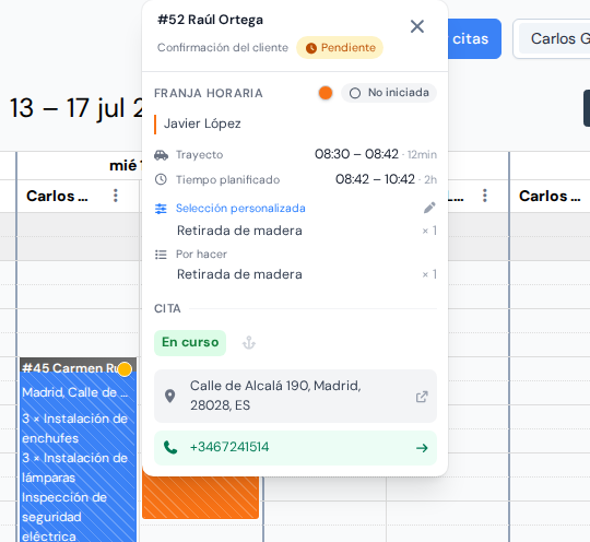 Tarjeta de calendario de la visita de retirada pendiente: lleva solo la línea de retirada de madera y la visita aún no ha comenzado