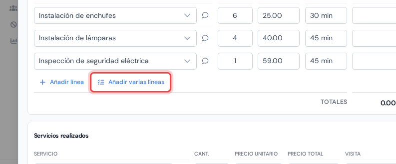 La sección Servicios planificados con el botón Añadir varias líneas resaltado