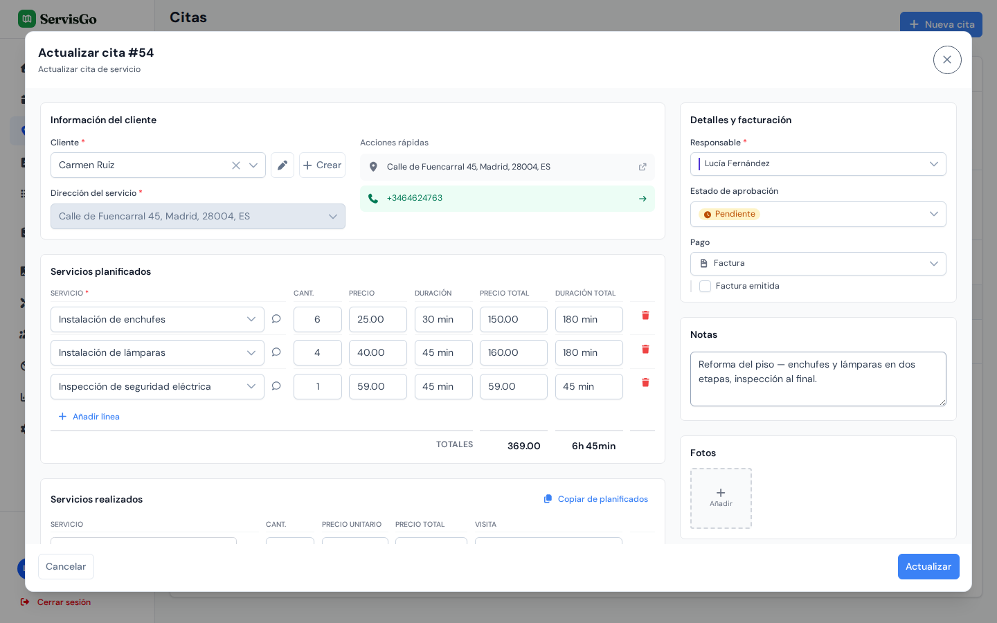 La ventana Crear cita con un cliente seleccionado y servicios planificados añadidos