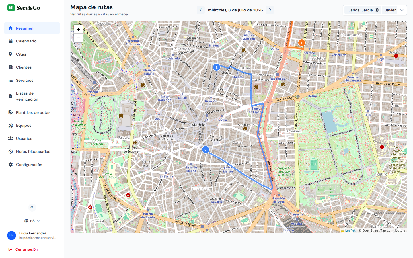La página Resumen con el mapa de rutas y las rutas de los técnicos en distintos colores