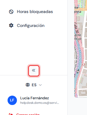 La parte inferior de la barra lateral con el botón redondo de flechas dobles resaltado