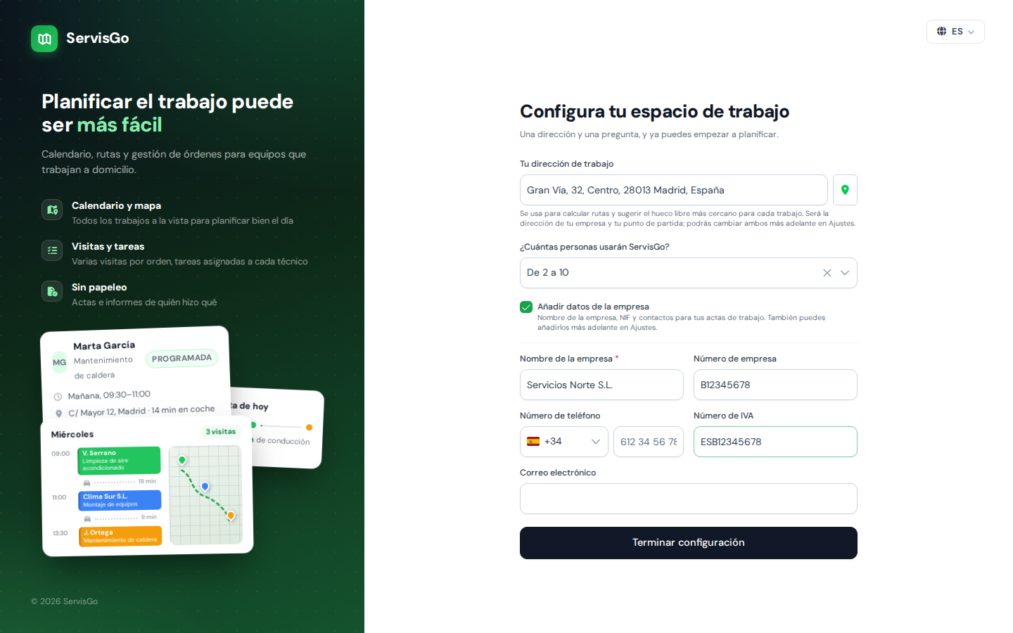La página "Configura tu espacio de trabajo" con los campos de la empresa abiertos