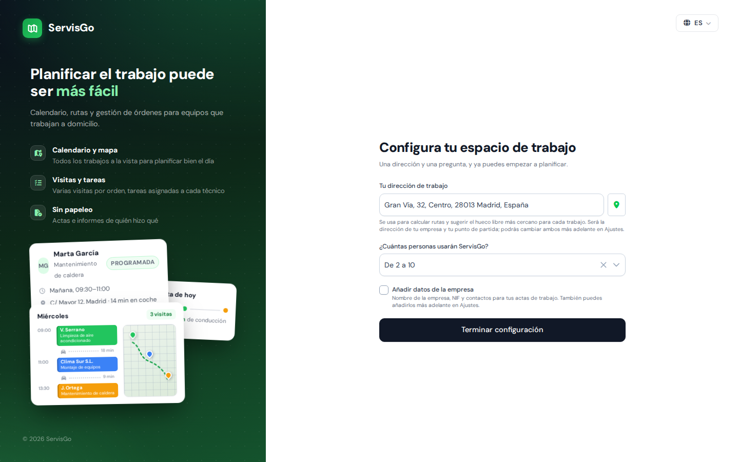 La página "Configura tu espacio de trabajo" con la dirección de trabajo y el tamaño del equipo rellenados
