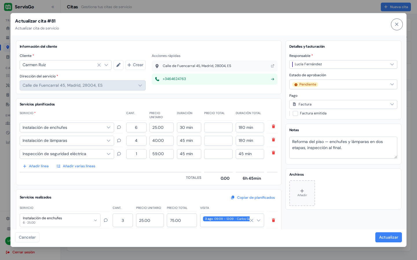 La ventana Crear cita con un cliente seleccionado y servicios planificados añadidos