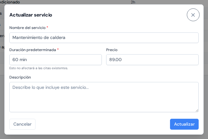 La ventana Crear servicio con los campos de nombre, duración y precio