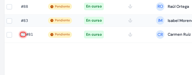 La lista de citas con el icono de flechas circulares resaltado junto al número de una cita