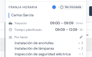 Una tarjeta de visita mostrando la fila Trayecto con la hora de inicio del desplazamiento y su duración