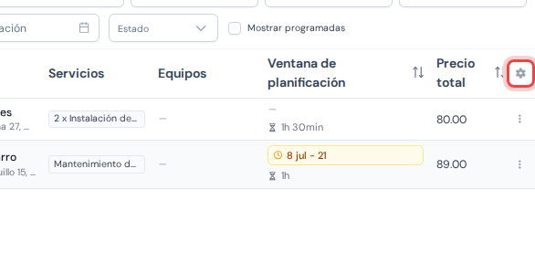 La fila de cabecera de la lista de citas con el icono de engranaje resaltado en su extremo derecho