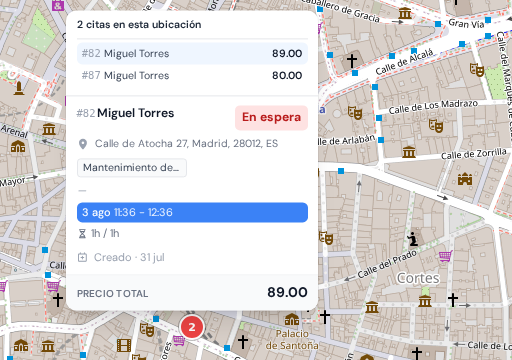 El mapa del panel con la tarjeta de un marcador abierta, mostrando los detalles de la cita