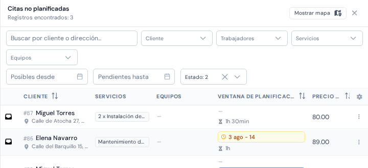 Los filtros en la parte superior del panel: búsqueda, estado, trabajadores y los dos filtros de fecha de la ventana de planificación