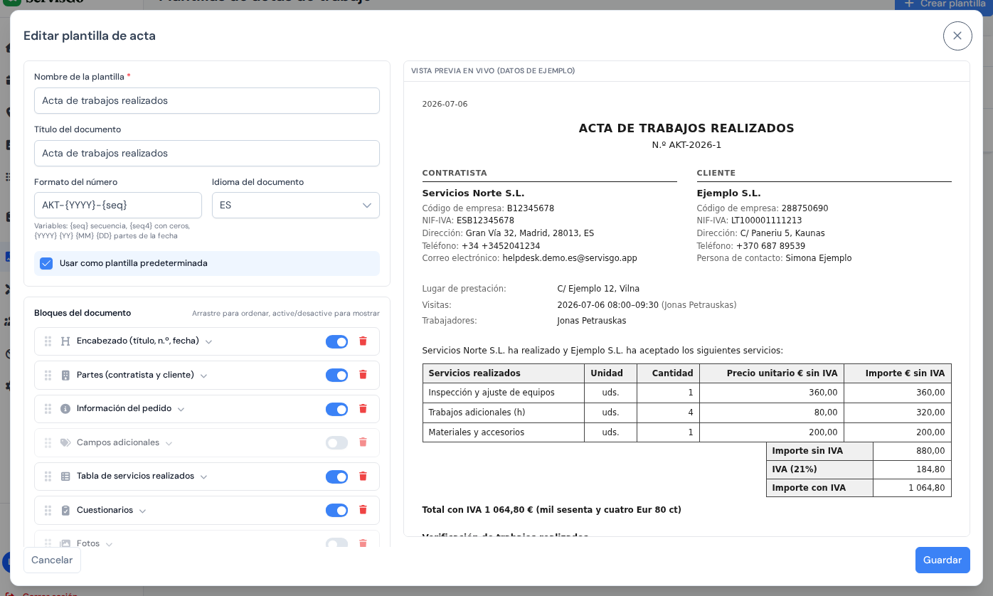 El editor de plantillas de actas con los bloques a la izquierda y una vista previa en vivo del documento a la derecha