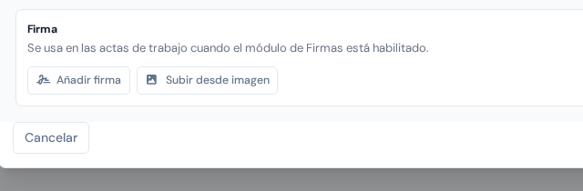 La tarjeta "Firma" en el diálogo de usuario con los botones "Añadir firma" y "Subir desde imagen"