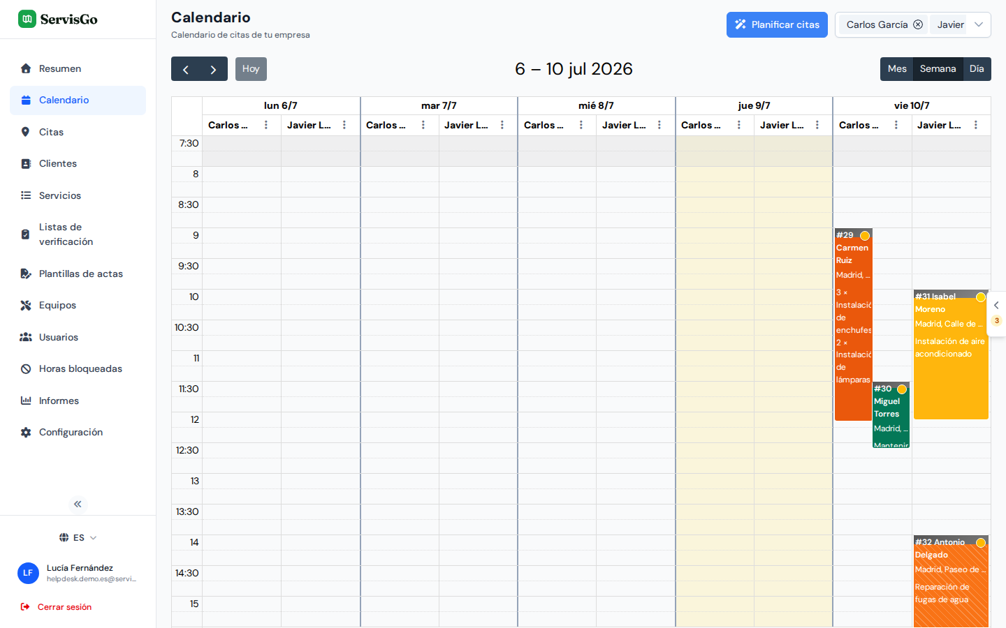 El calendario con los bloques de visita coloreados por estado a medida que los técnicos avanzan en su día