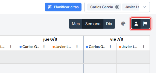 La barra superior del calendario con los dos botones de modo de color resaltados junto al icono de paleta
