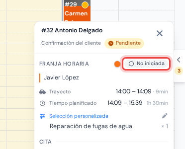 La tarjeta de la visita con la etiqueta de estado resaltada en su fila "Franja horaria", junto al punto redondo de color