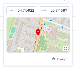 Po smeigtuko mygtuku atvertas taško skydelis su užpildytais laukais LAT ir LNG ir žemėlapio peržiūra, rodančia taško apylinkes
