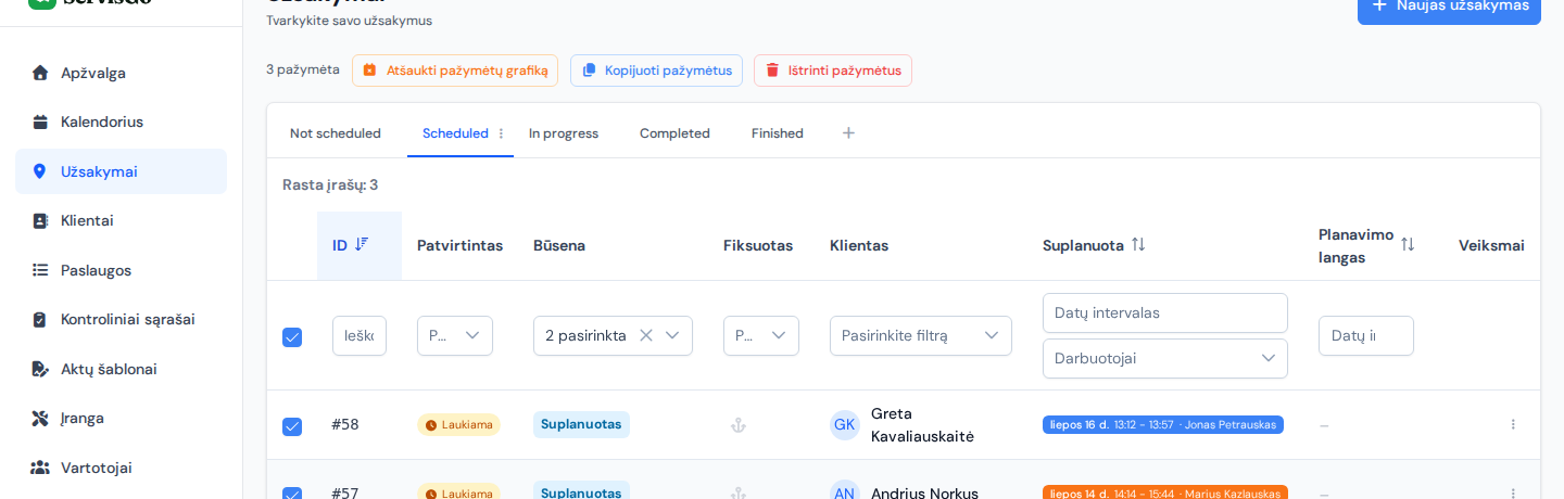 Pažymėtos užsakymų sąrašo eilutės ir juosta virš lentelės su mygtukais „Kopijuoti pažymėtus“ ir „Ištrinti pažymėtus“