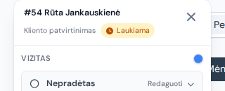 Vizito kortelė kalendoriuje su būsena „Kliento patvirtinimas“