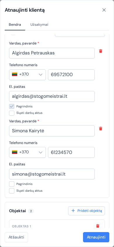 Kliento langas telefono ekrane: visas ekranas, vienas stulpelis, objektai pažymėti „Objektas 1“ ir „Objektas 2“