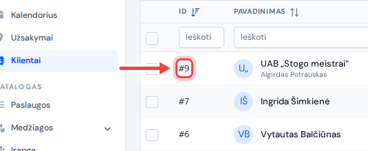Kliento eilutė klientų puslapyje, rodyklė rodo į numerį stulpelyje „ID“