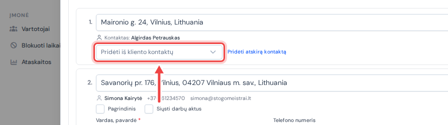 Objekto eilutė kliento lange, rodyklė rodo į išskleidžiamą lauką „Pridėti iš kliento kontaktų“ po adresu
