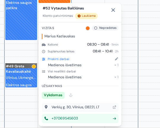 Būsimo išvežimo vizito kortelė kalendoriuje: jam priskirta tik medienos išvežimo eilutė, vizitas dar nepradėtas