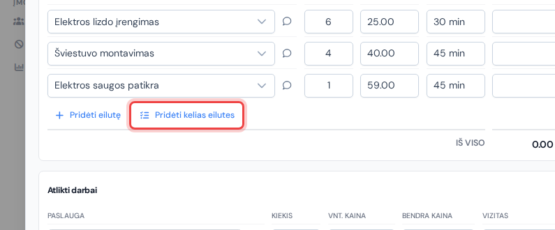 Skiltis „Suplanuotos paslaugos“ su paryškintu mygtuku „Pridėti kelias eilutes“