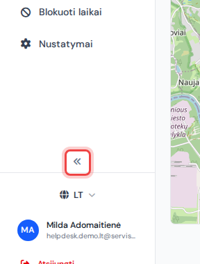 Šoninio meniu apačia su paryškintu apvaliu dvigubos rodyklės mygtuku
