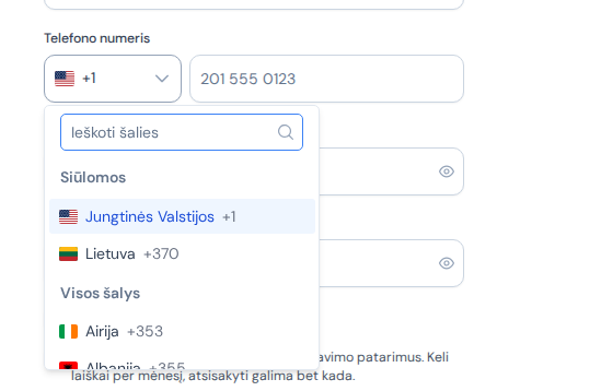 Atvertas telefono šalių sąrašas registracijos puslapyje