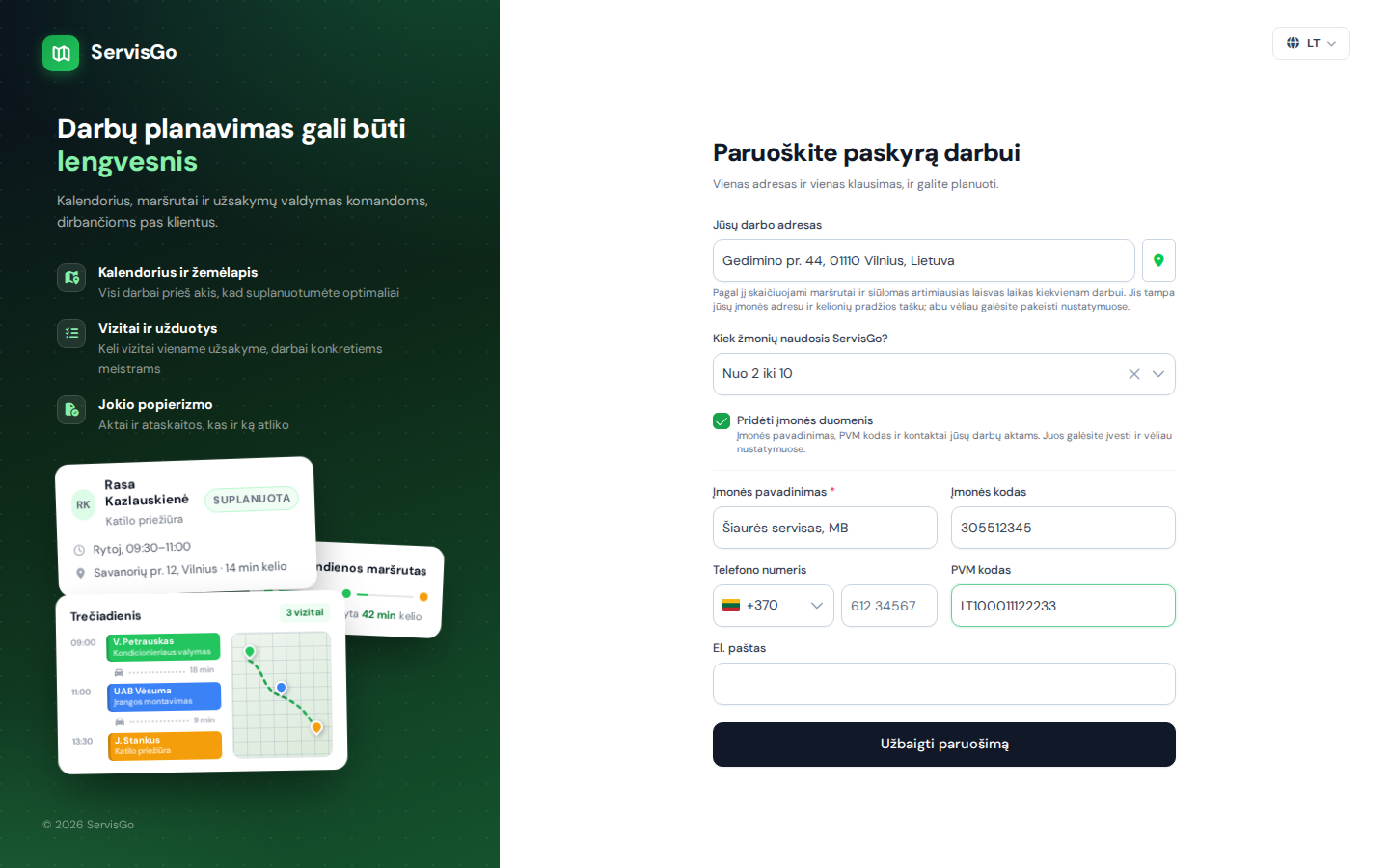 Puslapis „Paruoškite paskyrą darbui“ su atvertais įmonės duomenų laukeliais