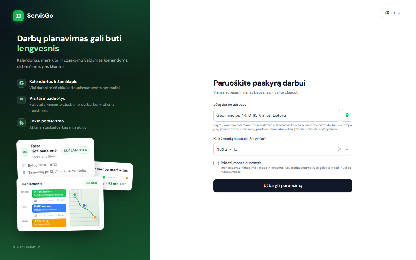 Puslapis „Paruoškite paskyrą darbui“ su įvestu darbo adresu ir komandos dydžiu