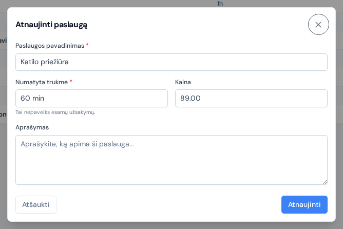 Langas „Sukurti paslaugą“ su pavadinimo, trukmės ir kainos laukais