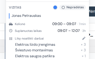 Vizito kortelė su eilute „Kelionė“, rodančia važiavimo laiką iki adreso Antakalnio gatvėje
