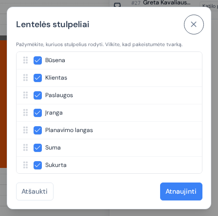 Langas „Lentelės stulpeliai“ su žymimaisiais langeliais ir vilkimo rankenėlėmis