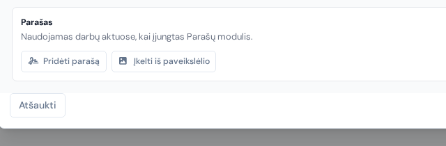 Kortelė „Parašas“ naudotojo dialoge su mygtukais „Pridėti parašą“ ir „Įkelti iš paveikslėlio“