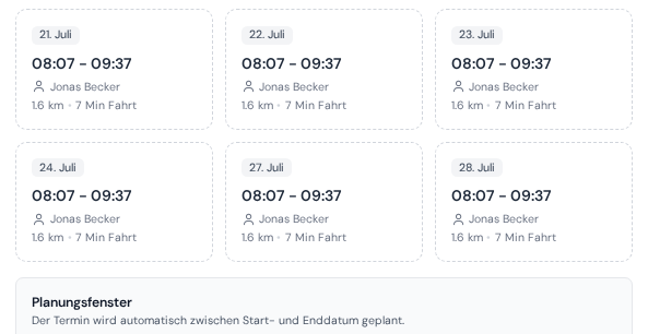 Vorgeschlagene Zeitfenster für einen Reinigungsauftrag, jedes mit der Fahrt, die es dem Tag eines Teams hinzufügen würde