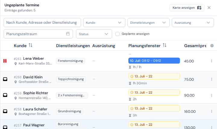Der Bereich mit wartenden Reinigungsaufträgen, die Planungsfenster bereits gesetzt