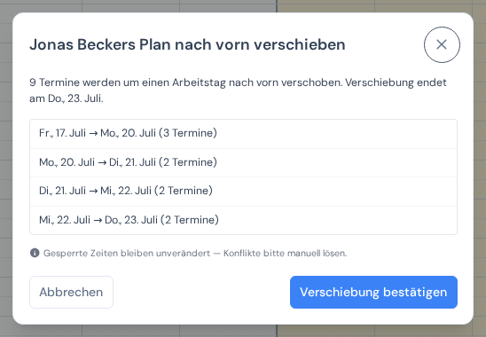Der Dialog, der den Plan einer Kolonne um einen Arbeitstag nach vorn verschiebt, mit der Liste der betroffenen Tage