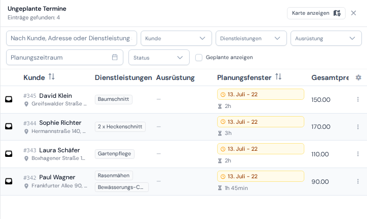 Der Bereich wartender Landschaftsbau-Aufträge, in dem die erzeugten Saisontermine erscheinen