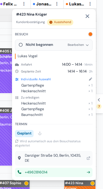Das Besuchsfenster im Kalender mit den für diesen Besuch ausgewählten Leistungen des Auftrags